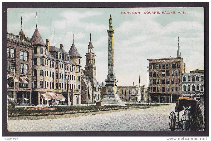 United States PPC Monument Square, Racine, Wis. CORLISS (Wis.) 1907 To Denmark (2 Scans) - Racine