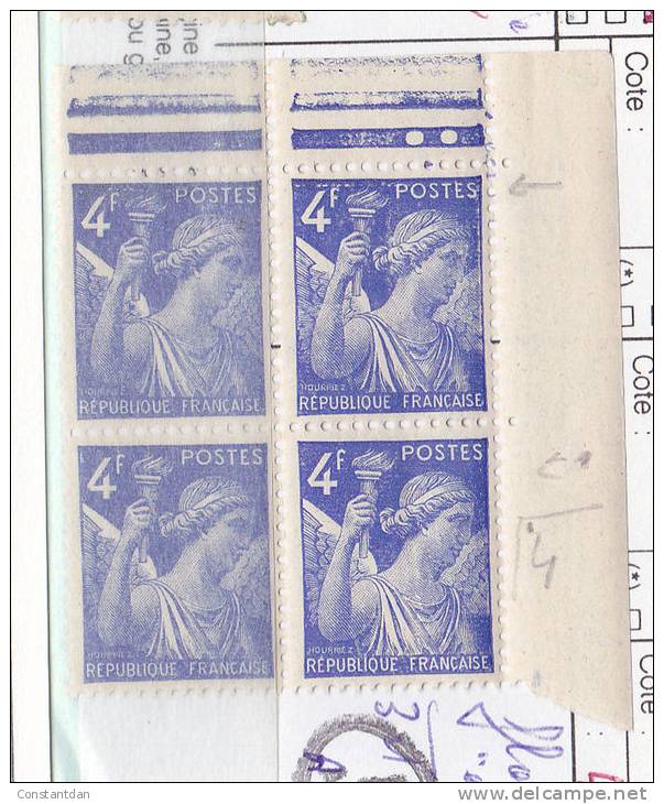 FRANCE N° 656 4F BLEU IRIS BLOC DE 4 TRAIT DU CADRE DOUBLE** - Unused Stamps
