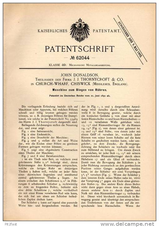 Original Patentschrift - Thornycroft & Co In Church - Wharf , Chiswick , 1891 , Maschine Zum Biegen Von Rohren !!! - Tools