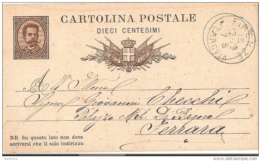 L-CARTOLINA POSTALE 10 CENT.DA FIRENZE A FERRARA 1879 - Entiers Postaux