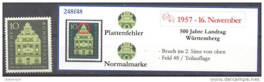 1957 Landtag Würtemberg Plattenfehler F48 Mi 279f48 / Sc 778 / YT 150 Postfrisch/neuf/MNH - Abarten Und Kuriositäten