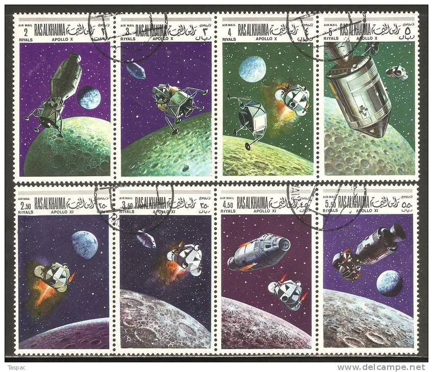 Ras Al-Khaima 1969 Mi# 326-333 Used - 2 Strip Of 4 - Apollo 10 And 11 / Space - Ras Al-Khaimah