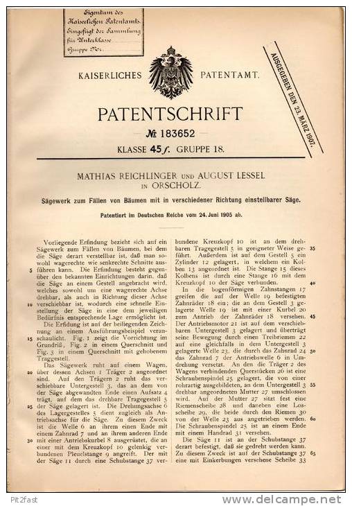 Original Patentschrift - M. Reichlinger In Orscholz , 1905 , Sägewerk Zum Fällen Von Bäumen , Baumfäller , Forst !!! - Maschinen