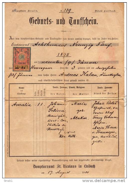 H BIRTH CERTIFICATE YEAR OF BIRTH 1895. LAIBACH - Historical Documents