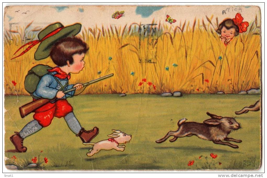 P CHILDREN HUNTING RABBITS WITH A DOG Nr. 0318 JAMMED OLD POSTCARD - Boriss, Margret