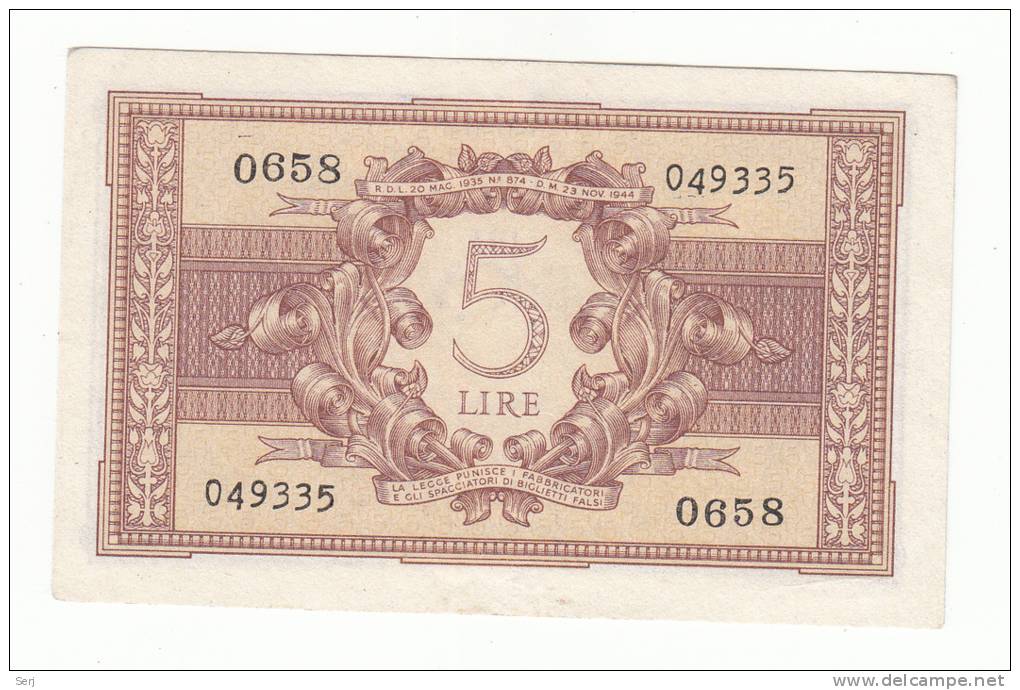 ITALY 5 Lire 1944 XF+ P 31c 31 C - Italia – 5 Lire