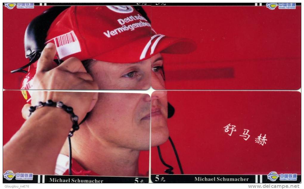 PUZZLE DE 4 TELECARTES DE CHINE..SPORT AUTOMOBILE M. SCHUMACHER. ... A PETIT PRIX......VOIR SCANNER - Characters