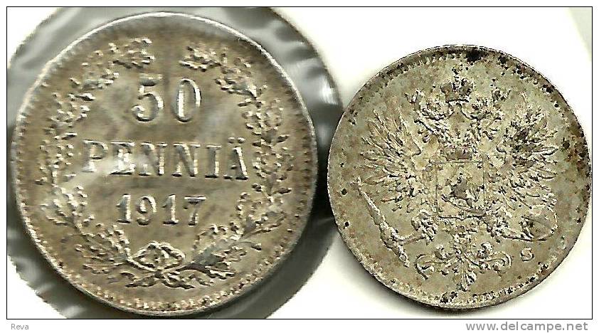 FINLAND 50 PENNIA WREATH FRONT RUSSIAN EAGLE WITH NO CROWN BACK 1917 S SILVER EF KM7?) READ DESCRIPTION CAREFULLY !!! - Finland