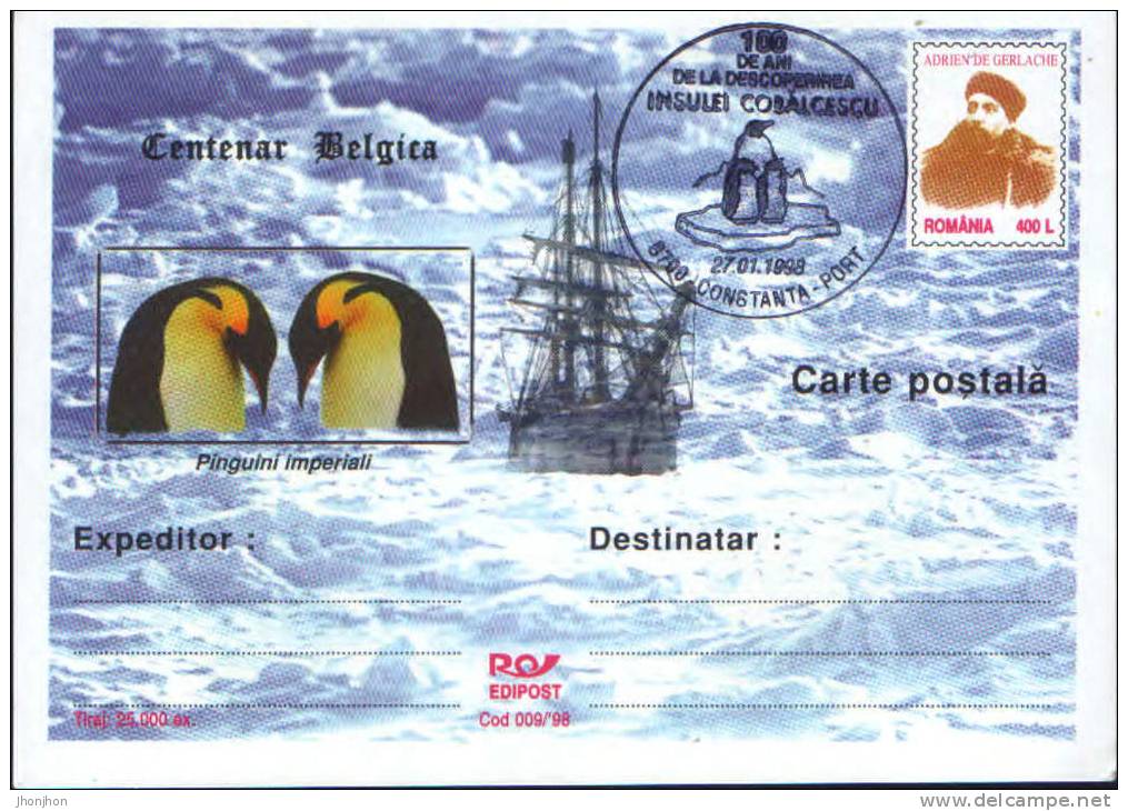 Romania-Antarctica,Belgica Centennial,explorer A.de Gerlache P.card-with A Special Cancellation - Antarctic Expeditions