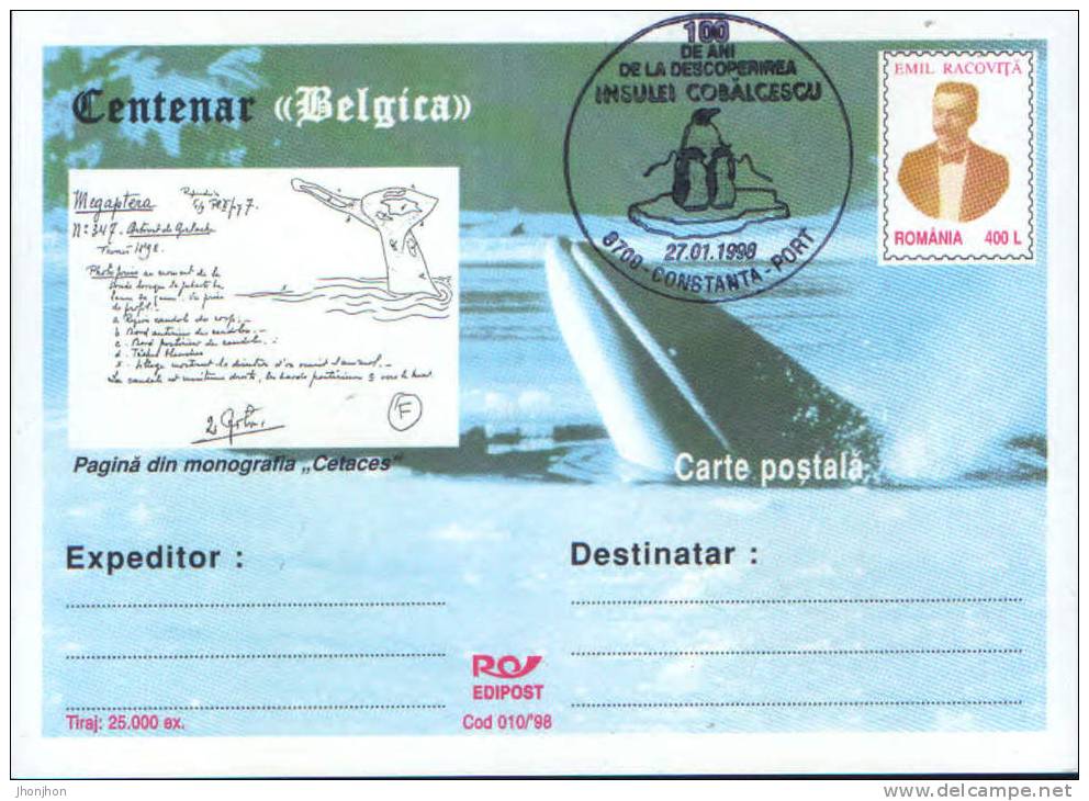 Romania-Antarctica,Belgica Expedition Centennial,explorer E.Racovita P.card-with A Special Cancellation - Antarktis-Expeditionen