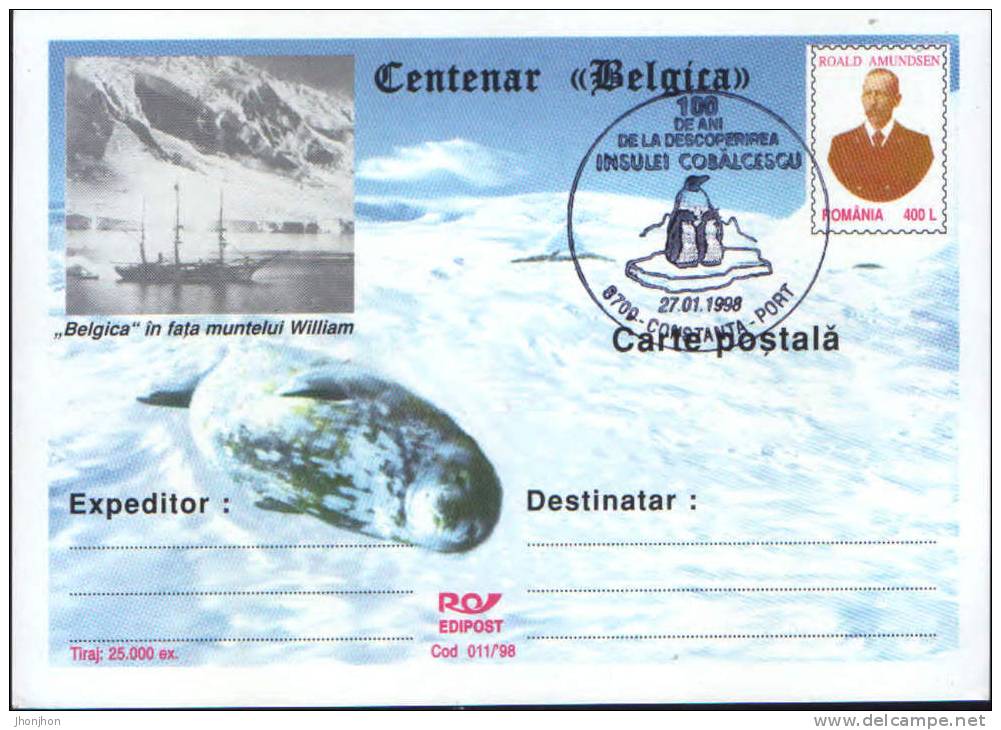 Romania-Antarctica,Belgica Expedition Centennial,explorer R.Amundsen P.card-with A Special Cancellation - Antarctic Expeditions