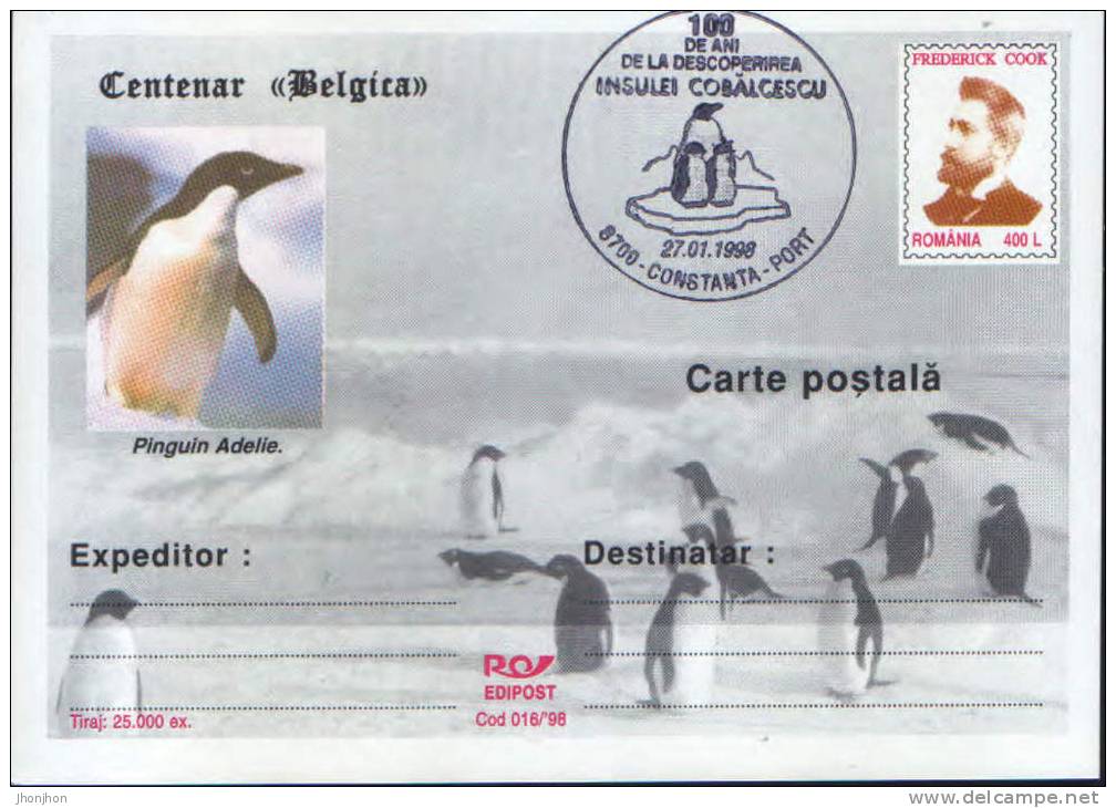 Romania-Antarctica,Belgic A Expedition Centennial,explorer F.Cook P.card-with A Special Cancellation - Antarktis-Expeditionen