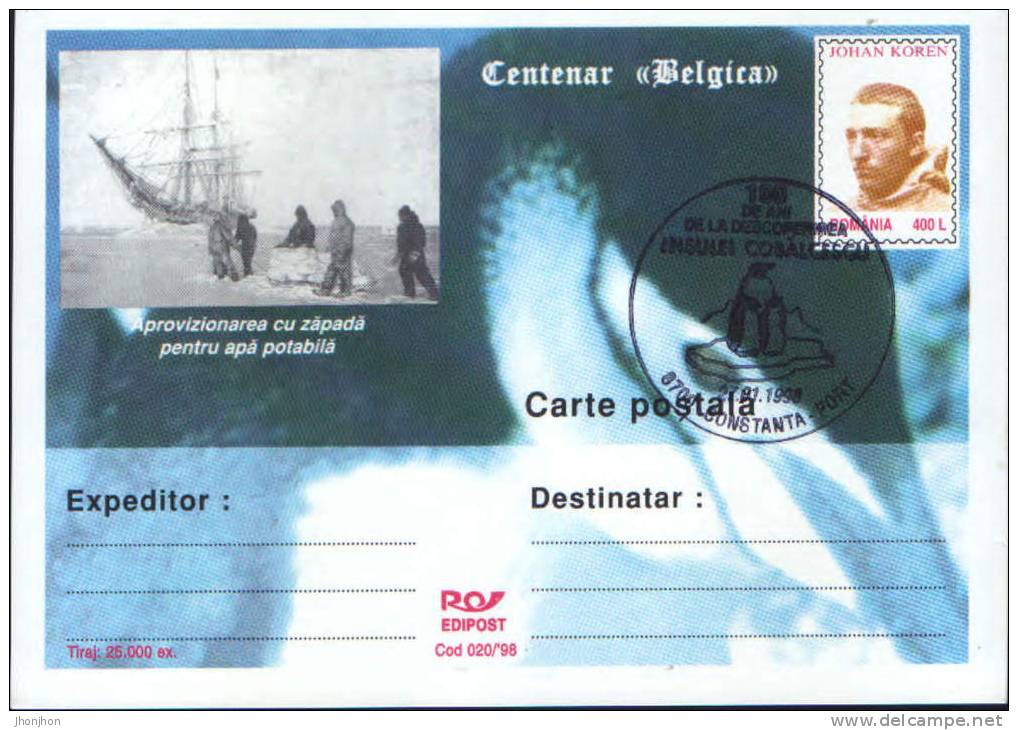 Romania-Antarctica,Belgica Expedition Centennial,explorer J.Koren-P.card-with A Special Cancellation - Antarctic Expeditions