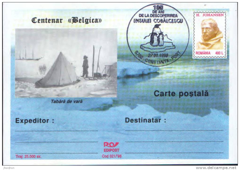 Romania-Antarctica,Belgica Expedition Centennial,explorer H.Johansen-P.card-with A Special Cancellation - Antarctic Expeditions