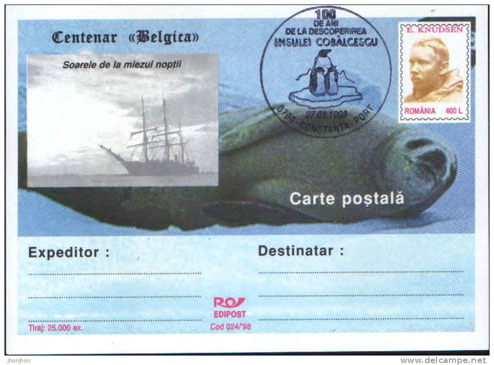 Romania-Antarctica,Belgica Expedition Centennial,explorer E.Knudsen-P.card-with A Special Cancellation - Antarktis-Expeditionen