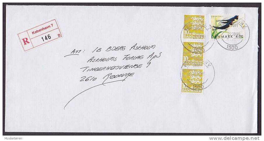 Denmark Registered Einschreiben Recommandée Label KØBENHAVN V. 1999 Cover Brief To RØDOVRE Bird Vogel - Briefe U. Dokumente