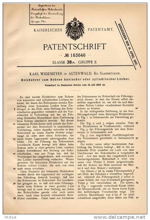 Original Patentschrift - K. Widemeyer In Altenwald , Kr. Saarbrücken ,1905 , Holzbohrer Für Konische Löcher , Tischlerei - Antike Werkzeuge