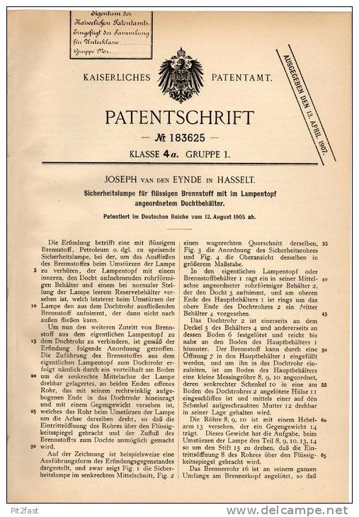 Original Patentschrift - J. V. Den Eynde In Hasselt , 1905, Sicherheitslampe Für Flüssigen Brennstof , Lampe , Petroleum - Luminaires & Lustres