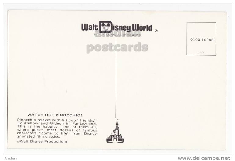 PINOCCHIO & FRIENDS -WALT DISNEY WORLD Postcard C1970s  [c2665] - Disneyworld