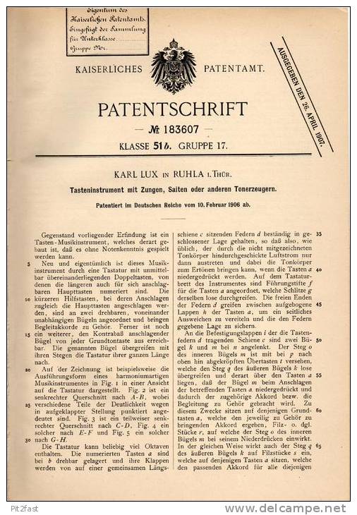 Original Patentschrift - Karl Lux In Ruhla I. Thür., 1906 , Tasteninstrument , Klavier , Piano  !!! - Musikinstrumente