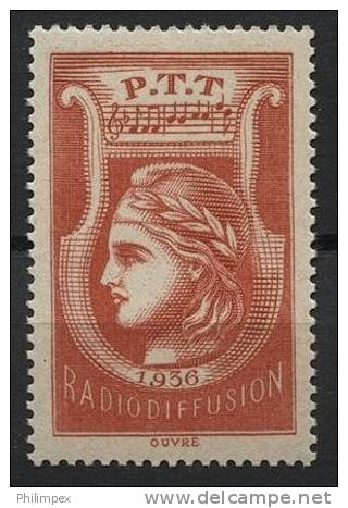 FRANCE, RADIODIFFUSION STAMP IN RED FROM 1936, PERFECT STAMP MNHv **! - Radiodifusión