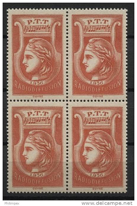 FRANCE, RADIODIFFUSION PERFECT STAMP 1936, MNH BLOCK OF 4 - Radiodiffusion