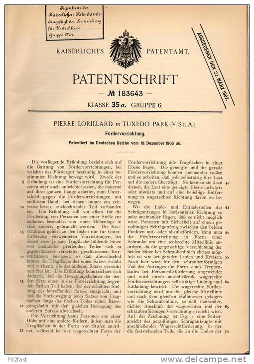 Original Patentschrift - P. Lorillard In Tuxedo Park , USA , 1905 , Fördermaschine , Förderband  !!! - Tools