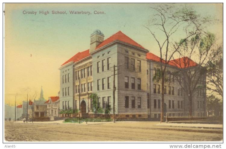 Waterbury CT Connecticut, Crosby High School, Flag Cancel Postmark, C1900s Vintage Postcard - Waterbury