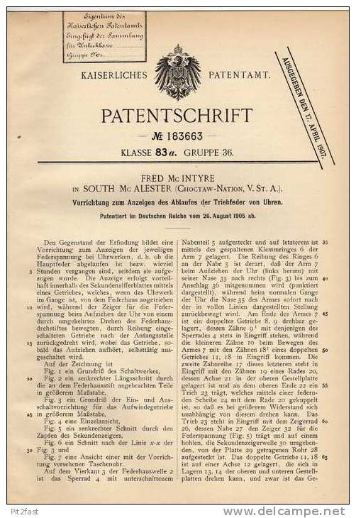 Original Patentschrift - F. Mc Intyre In South Mc Alester , USA , 1905 , Anzeige Für Ablauf Von Uhren , Uhr , Clock !!! - Andere & Zonder Classificatie