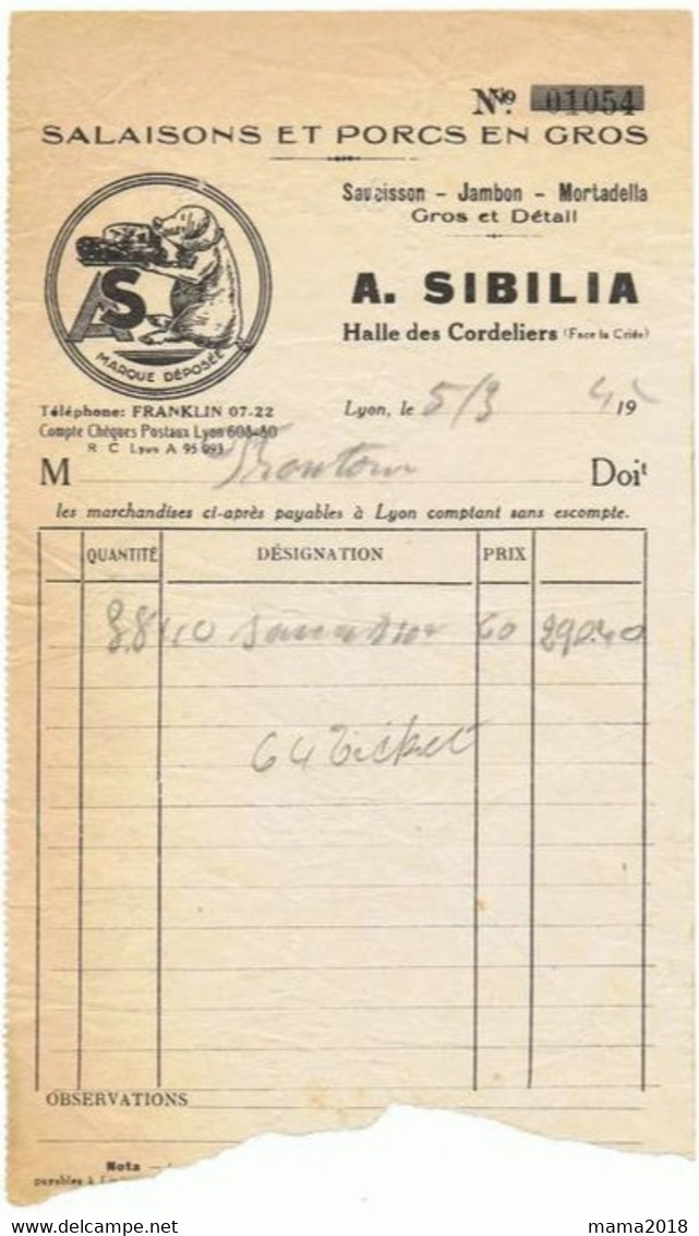 A Sibilia     Facture  12.5  X 20 Cm Salaisons Et Porcs - Rechnungen