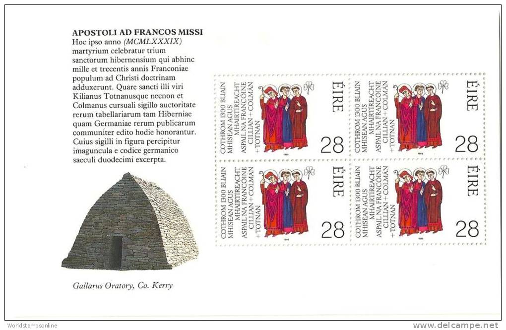 Ireland, Year 1989, Sheet Of 4 Stamps Mi 683, Holy Kilian, MNH** - Nuevos