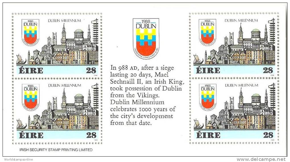 Ireland, Year 1988, Sheet Of 4 Stamps Mi 642, Dublin Millennium, MNH** - Ungebraucht