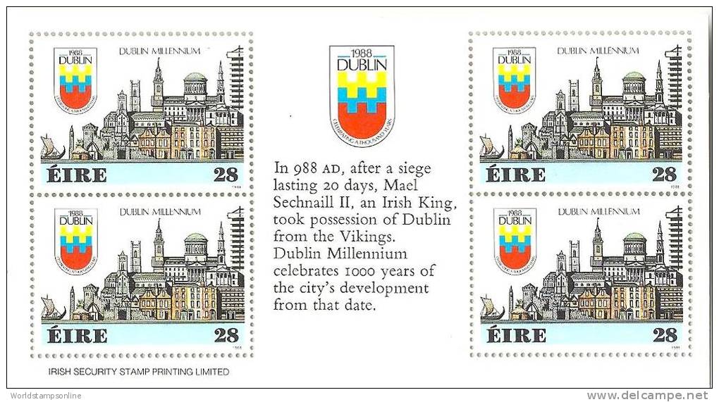 Ireland, Year 1988, Sheet Of 4 Stamps Mi 642, Dublin Millennium, MNH** - Neufs