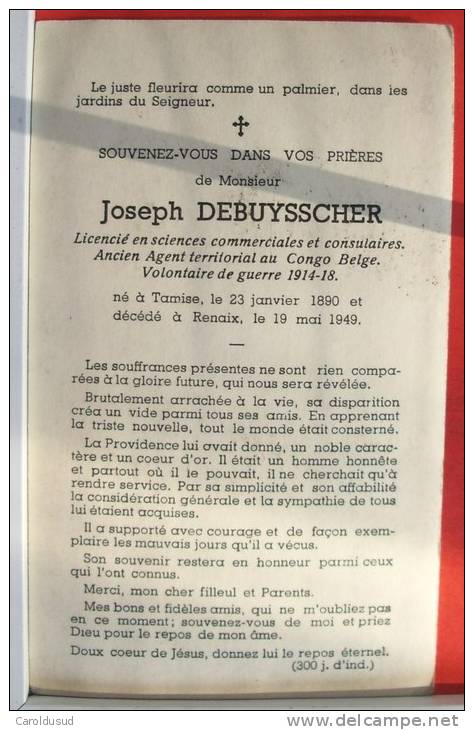 Avis Photo SOUVENIR JOSEPH DEBUYSSCHER - TAMISE 1890 - RENAIX 1949  AGENT TERRITORIAL CONGO BELGE GUERRE 14-18 - Avvisi Di Necrologio