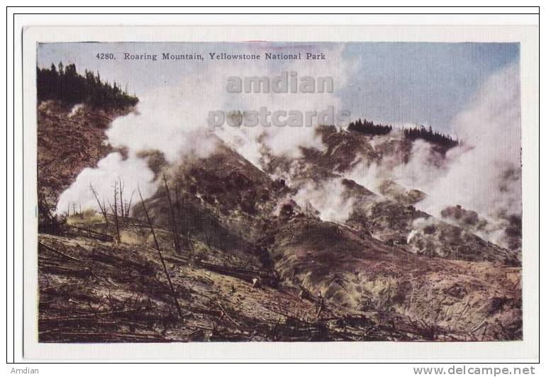 USA YELLOWSTONE NATIONAL PARK, STEAM ERUPTION At ROARING MOUNTAIN~ C1940s-50s Vintage Unused Postcard  [o2885] - USA National Parks