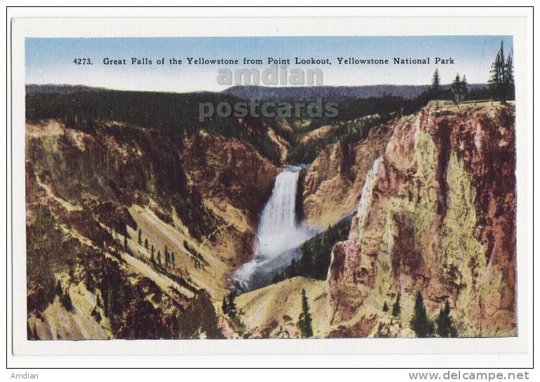 USA YELLOWSTONE NATIONAL PARK, GREAT FALLS FROM POINT LOOKOUT, C1940s-50s Vintage Unused Postcard  [o2886] - USA National Parks