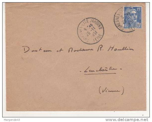 GANDON SUR LETTRE DE SURESNES CITE JARDIN (SEINE) DU 26/11/51 ERINNO AU DOS - Military Heritage