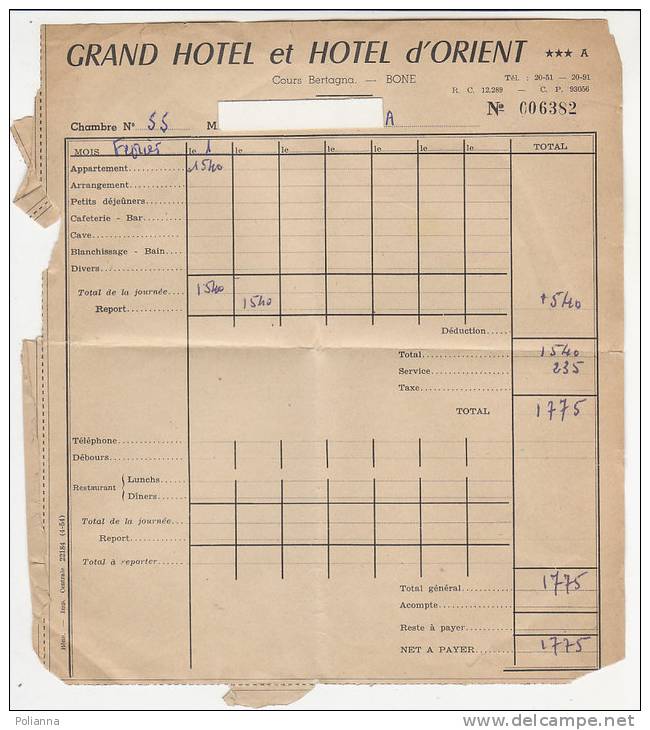 PO4776B# RICEVUTA GRAND HOTEL E HOTEL D'ORIENT - ALGERIA - BONE - COURSE BERTAGNA - Altri & Non Classificati