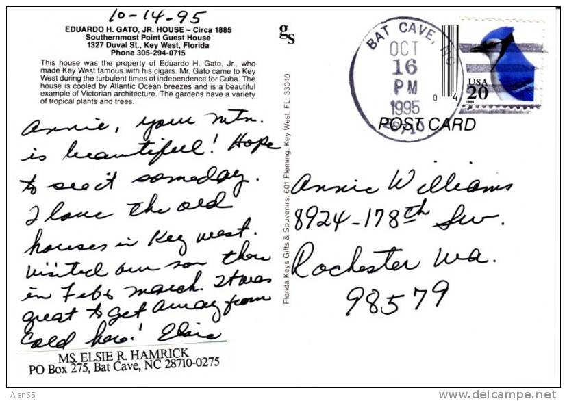 Key West FL Florida, Eduardo Gato Jr. House, Architecture, Bat Cave NC Postmark Cancel, On C1990s Vintage Postcard - Key West & The Keys