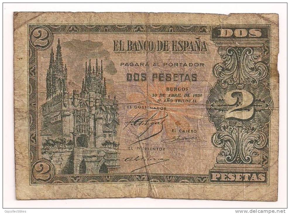 Spain - 1938 - 2 Pesetas - P109 - VG+ - 1-2 Pesetas