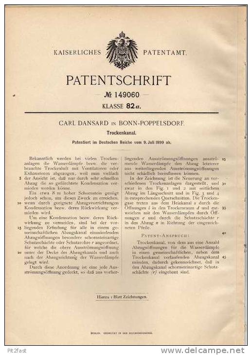 Original Patentschrift - C. Dansard In Bonn - Poppelsdorf , 1899 , Trockenanlage , Trockenkanal , Trocknung !!! - Historische Dokumente