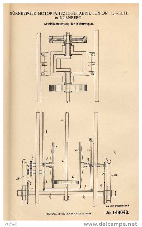 Original Patentschrift - Motorfahrzeug - Fabrik "Union" In Nürnberg , 1902 , Antrieb Für Motorwagen , Automobile !!! - KFZ