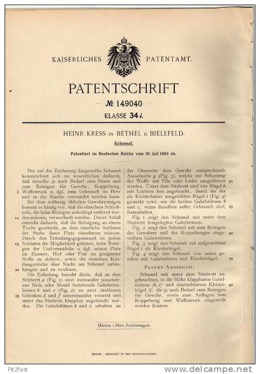 Original Patentschrift - H. Kress In Bethel B. Bielefeld ,1903, Schemel Für Koppelzeug , Gewehr , Marine , Heer  Uniform - Sonstige & Ohne Zuordnung