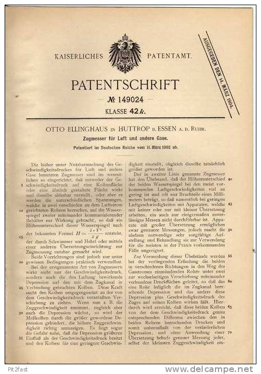 Original Patentschrift - O. Ellinghaus In Huttrop B. Essen A.d. Ruhr , 1902 , Zugmesser Für Luft Und Gase !!! - Tecnica & Strumenti Nautici