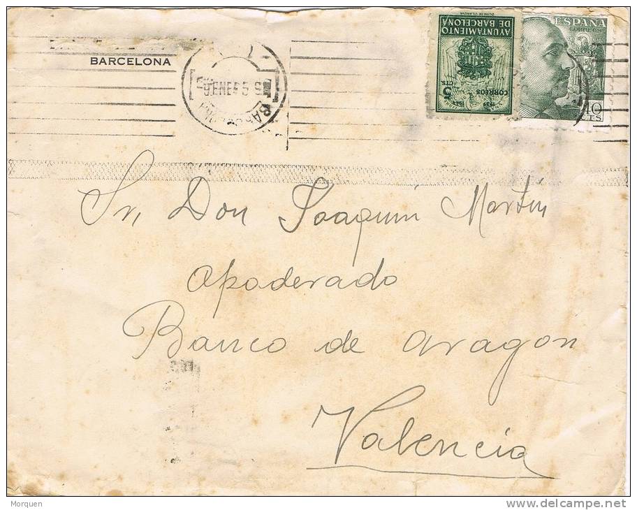 4794. Carta Barcelona 1945. Sello Recargo Ayuntamiento Exposicion - Barcelone