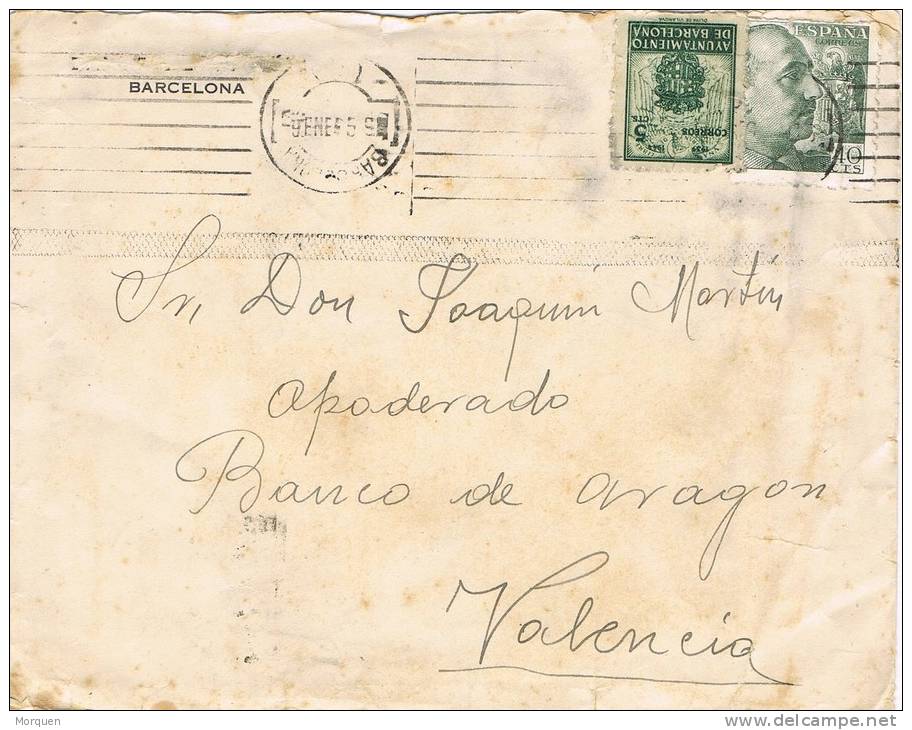 4794. Carta Barcelona 1945. Sello Recargo Ayuntamiento Exposicion - Barcelona