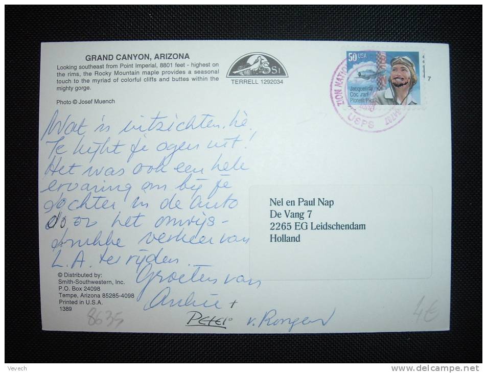 CP POUR LA HOLLANDE TP PILOTE DE CHASSE 50 OBL. ROUGE JUL 30 1998 ZION NATIONAL ... USPS - Briefe U. Dokumente