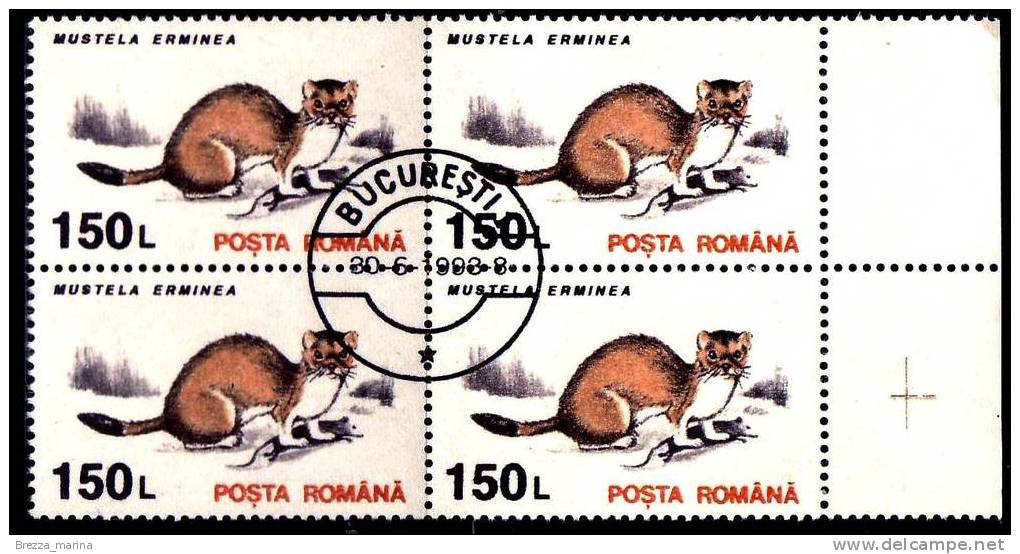 ROMANIA - 1993 -  Animali - Ermellino - Mustela Erminea - 150 L - Quartina - Gebraucht