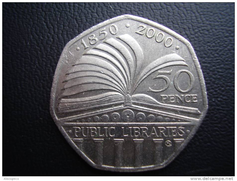 Great Britain 2000  50 PENCE Commemorating  150 Years PUBLIC LIBRARIES  Used In VERY GOOD CONDITION. - 50 Pence