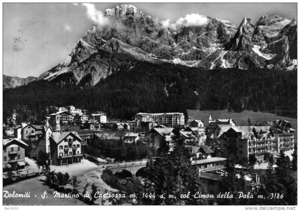 Cartolina Anni 50 "    Dolomiti - S.Martino Di Castrozza M.1444 S.m.  Col Cimon Della Pala M.3186 " - Trento